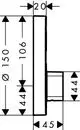 Hansgrohe Unterputz-Mischer mit quadratischem Bedienfeld. Maße und Anschlussdetails sind im technischen Diagramm dargestellt.